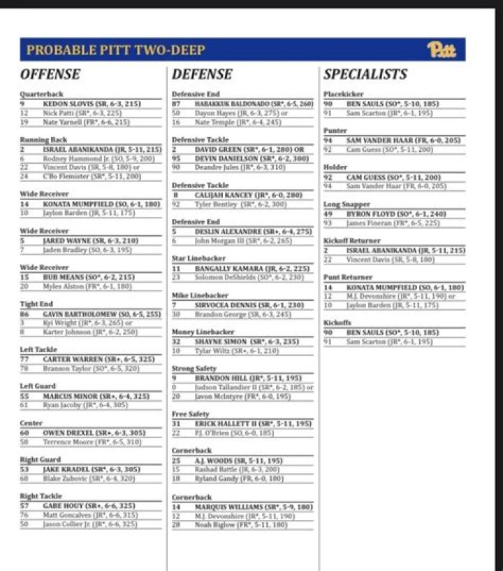 Pittsburgh Panthers Depth Chart 2023